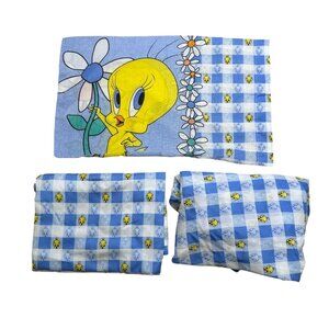 Vintage 90s Tweety Bird Twin Bedding Set 1998 Warner Bros Flat Sheet Fitted Pill
